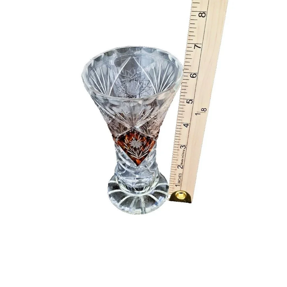 Vintage Amber Cut to Clear Crystal Footed Vase Engraved Floral Bohemian 6.5
